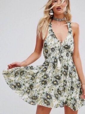 FREE PEOPLE Washed Ashore Floral Rayon Halter Mini Dress Size Large